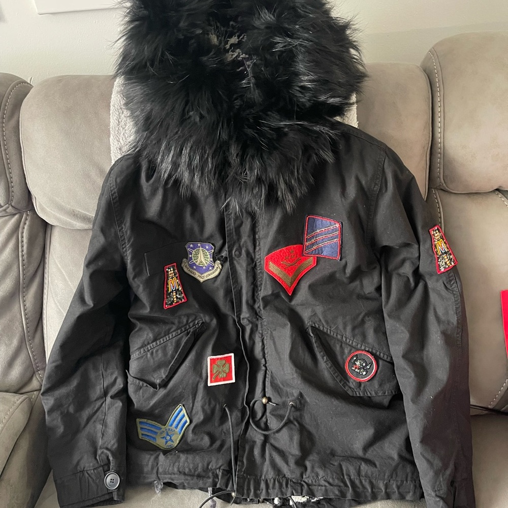 AUTHENTIC MR.&MRS. ITALY CANVAS PARKA COAT BlacK & Purple REAL FUR LINING XS